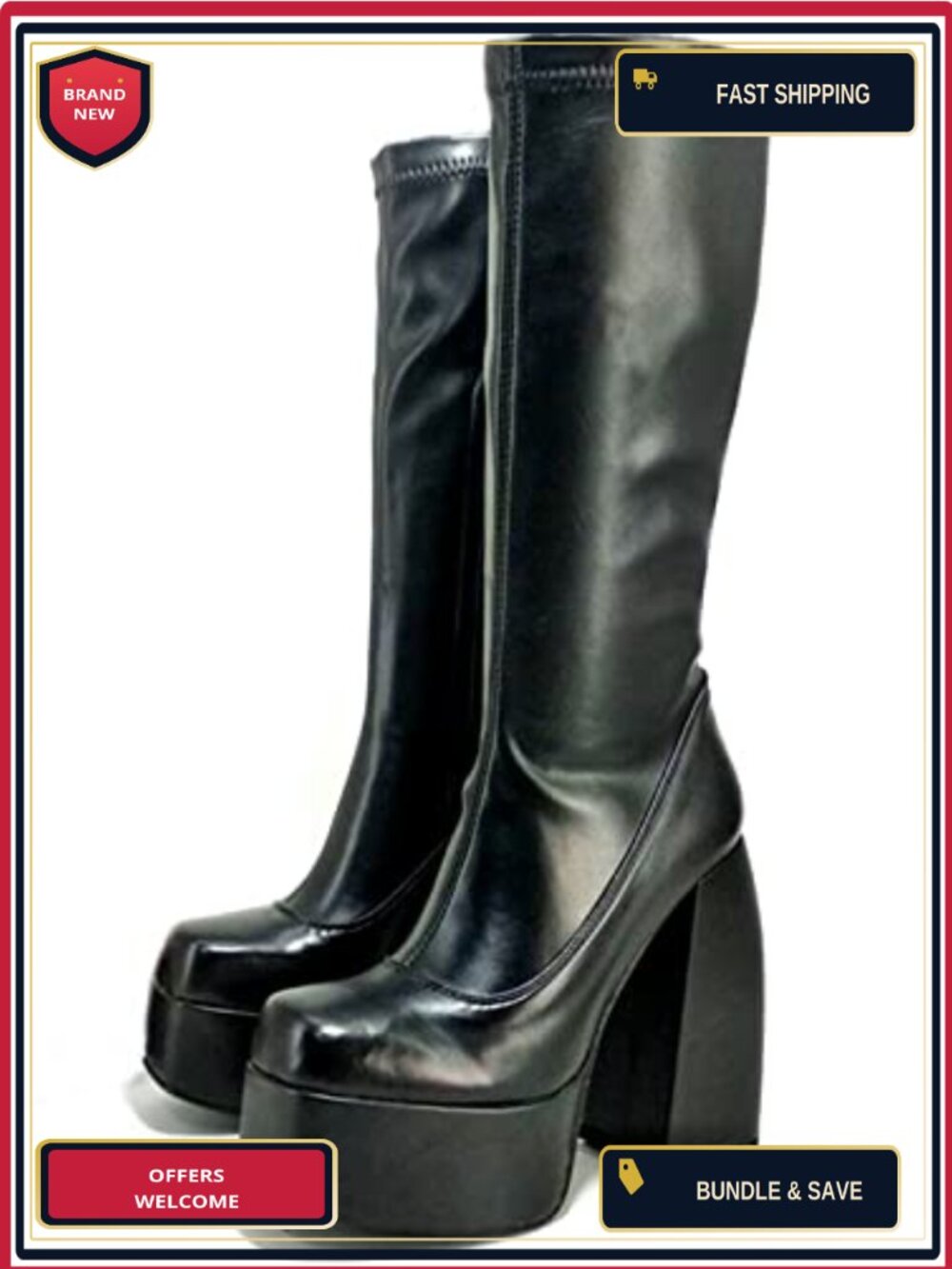 Chunky High Heel Ankle Boots Square Toe Side Zip PU Leather Platform GoGo Boots